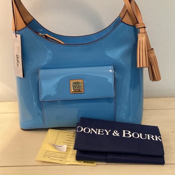 Dooney & Bourke Handbag Patent Leather Hobo Shoulder Denim Blue - Picture 2 of 16